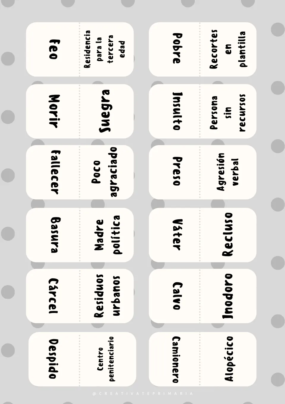 Spanish taboo/euphemism domino cards 11–22 include feo (ugly), morir (to die), and basura (trash).
