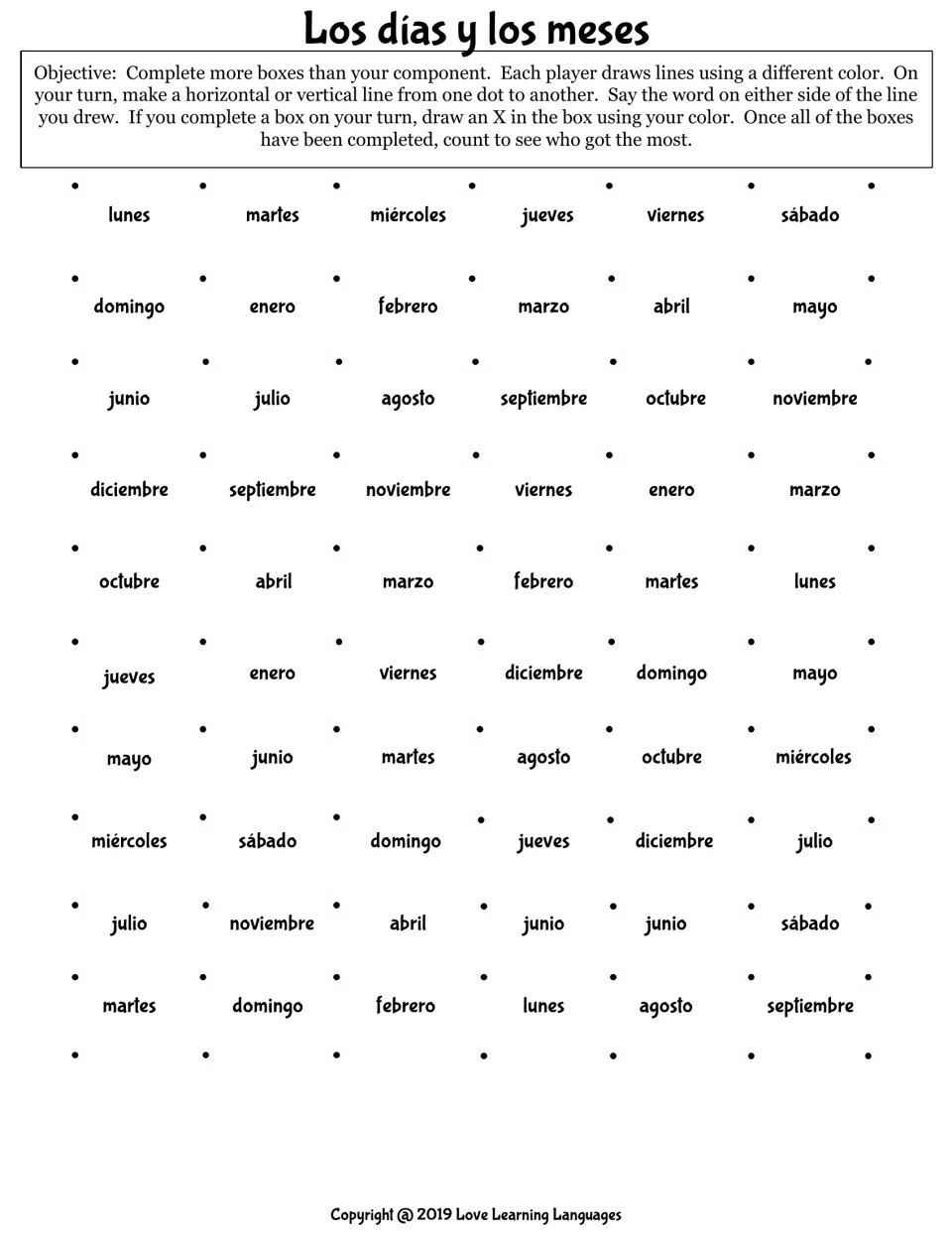 Los días y los meses dots and boxes: players draw lines between dots and say the Spanish day or month beside each line