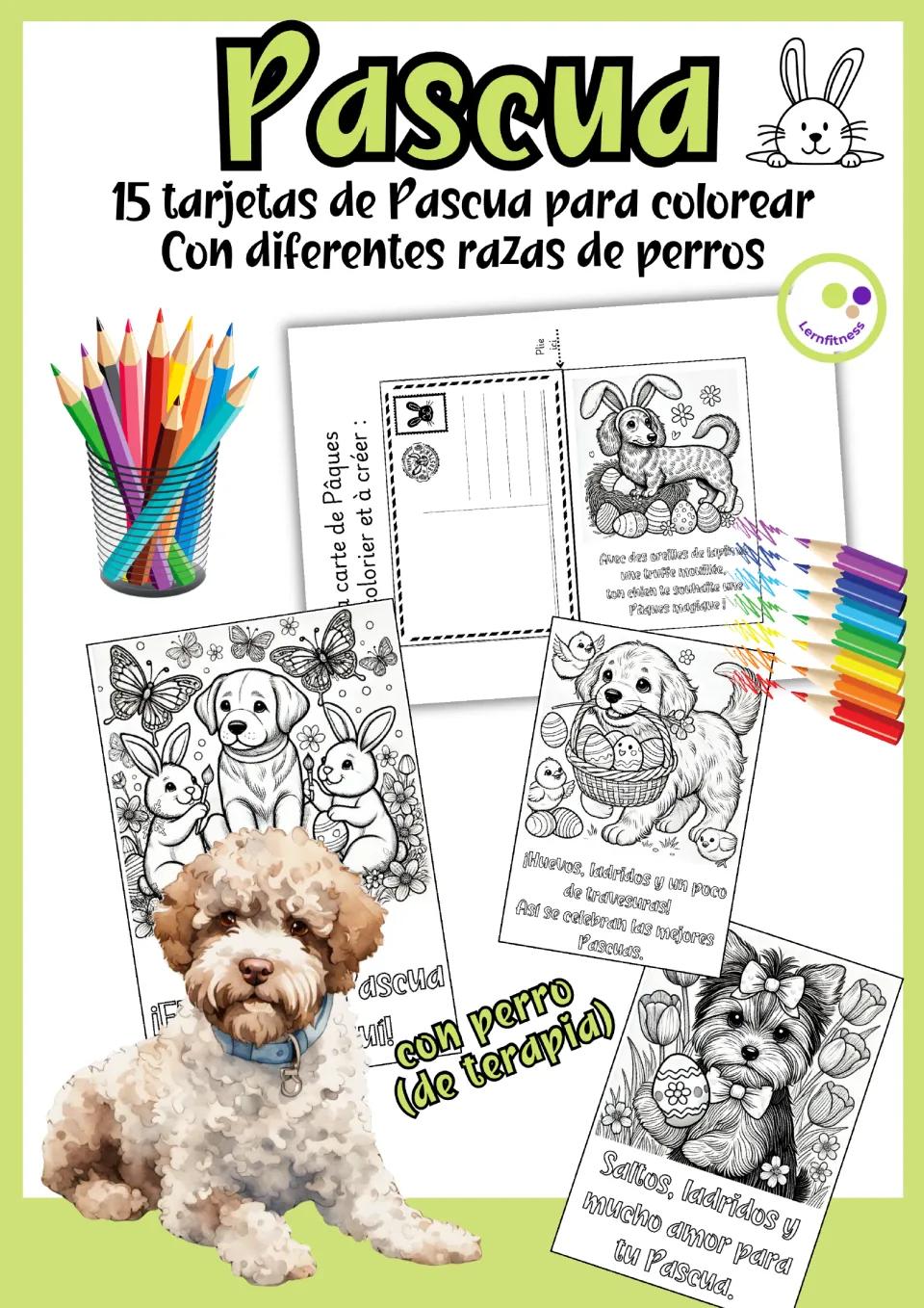 Cover introducing 15 Spanish Easter coloring cards featuring different dog breeds and a therapy dog theme