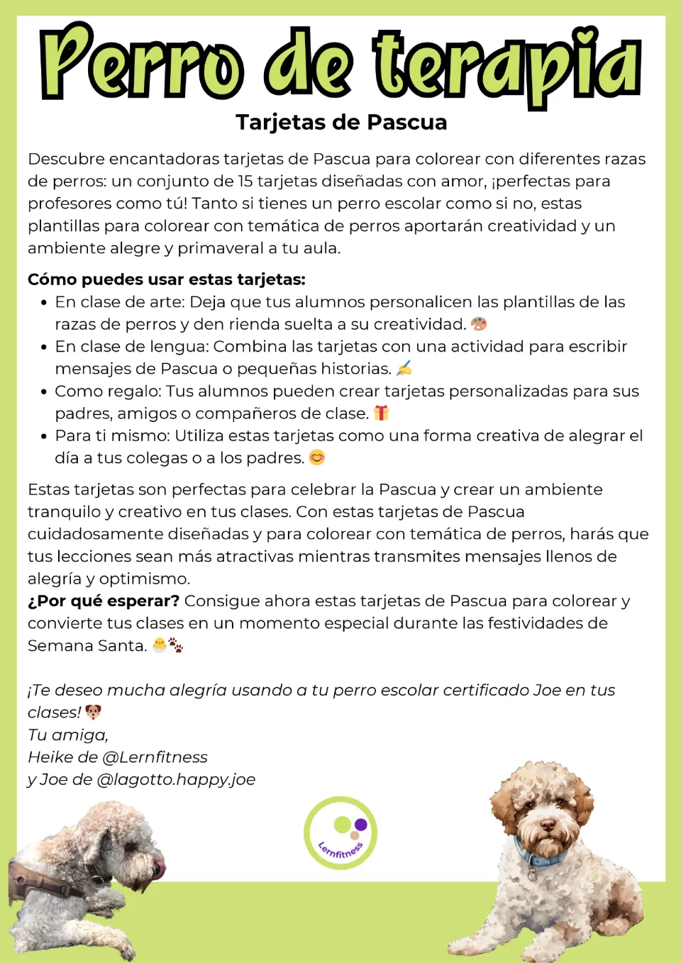 Teacher introduction to 15 Spanish Easter dog cards, with uses for art, writing messages, and gift giving