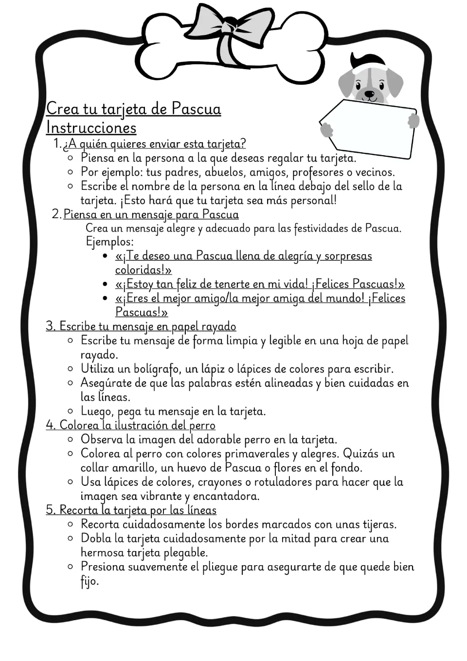 Grayscale Easter card instructions with Spanish greeting examples and steps for writing, coloring, and folding