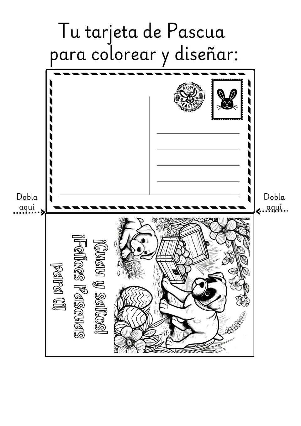 Spanish Easter coloring card featuring two pugs, decorated eggs, and “¡Felices Pascuas para ti!” (Happy Easter!)