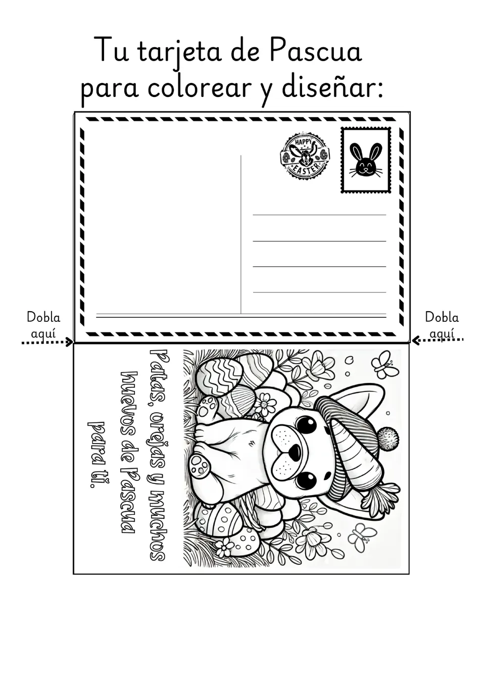 Spanish Easter coloring card featuring a dog in a knit hat and a greeting about paws, ears, and Easter eggs