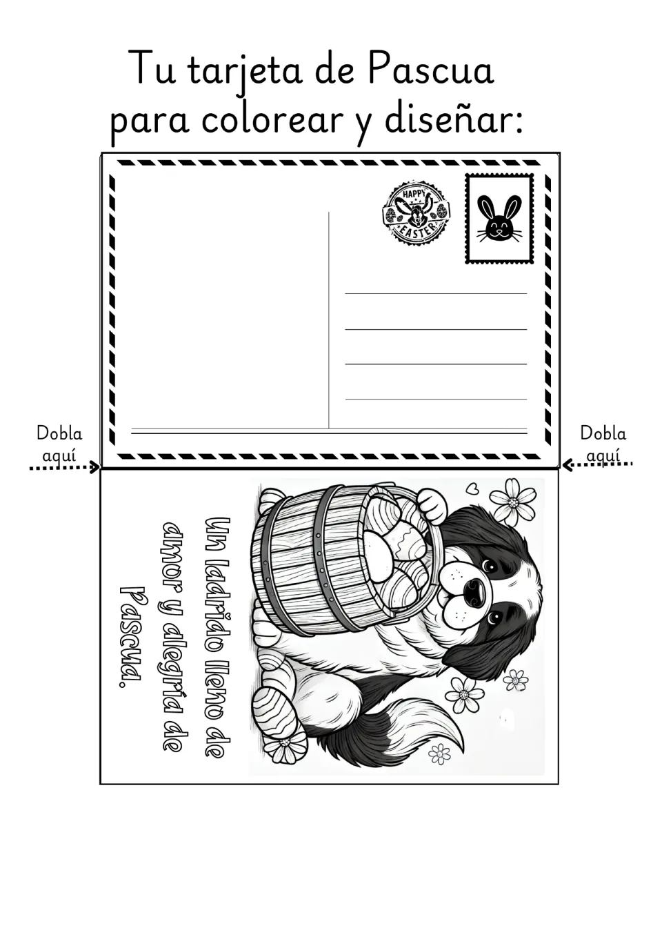 Spanish Easter coloring card featuring a dog holding an egg basket and a greeting about love and Easter joy