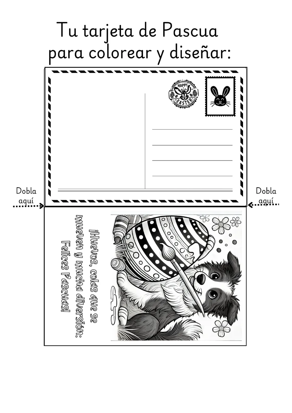 Spanish Easter coloring card featuring a dog painting an egg and a greeting about eggs, wagging tails, and fun