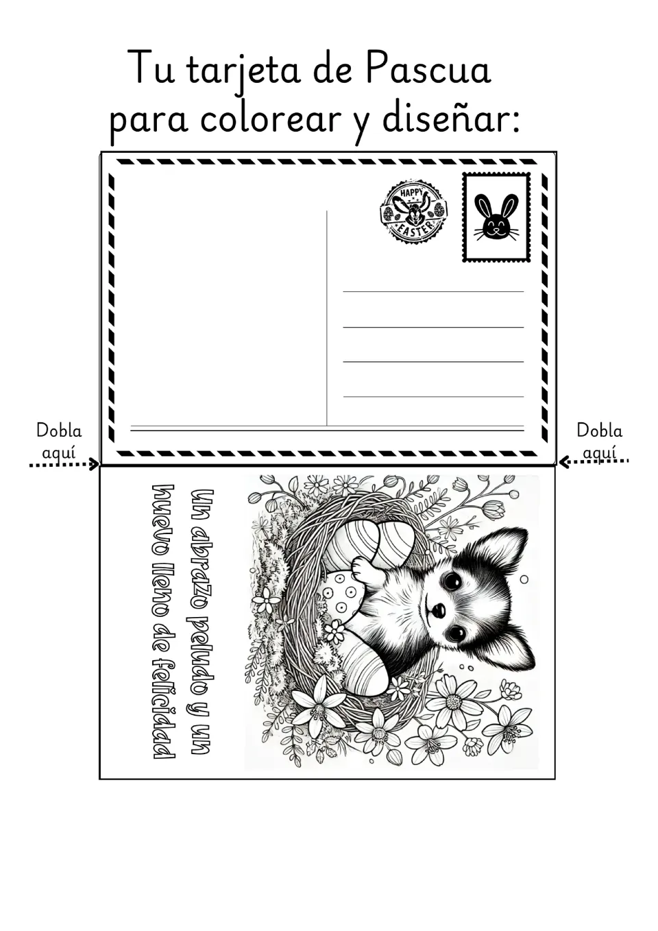 Spanish Easter coloring card featuring a Chihuahua in a nest and a greeting about a furry hug and a happy egg