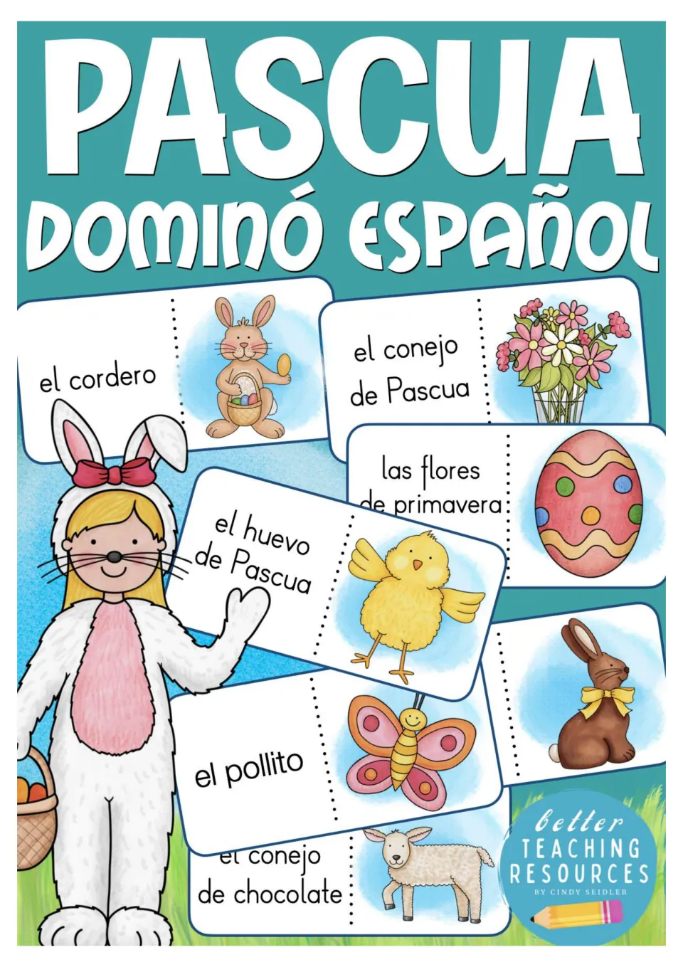 Cover of the Spanish Easter domino game, showing sample cards for a bunny, spring flowers, an egg and a chick