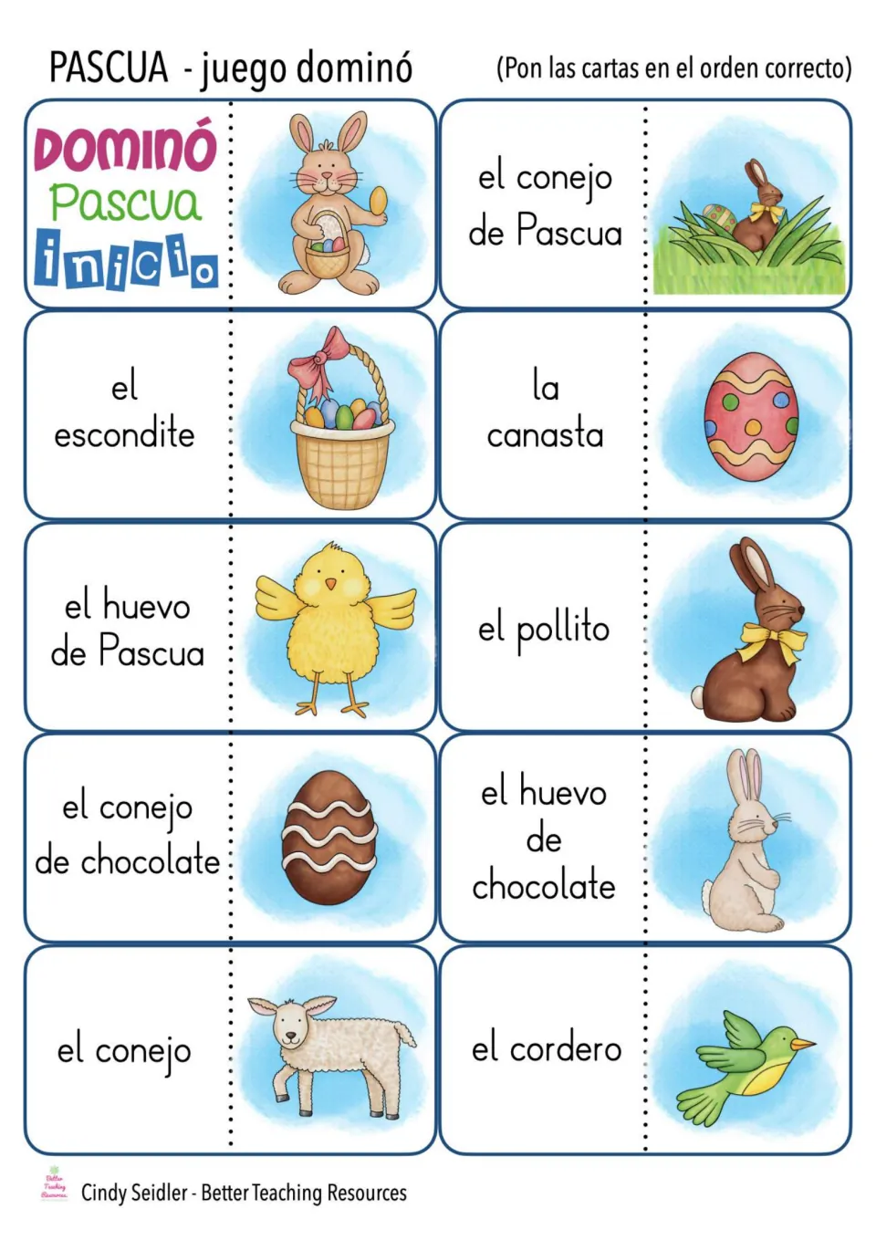 Spanish domino cards 1–10: inicio (start), el conejo de Pascua (Easter bunny), la canasta (basket) and more