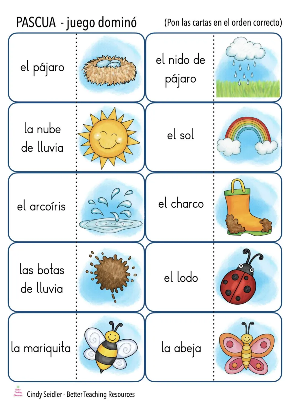 Spanish domino cards 11–20: el pájaro (bird), el sol (sun), el arcoíris (rainbow) and seven more picture links