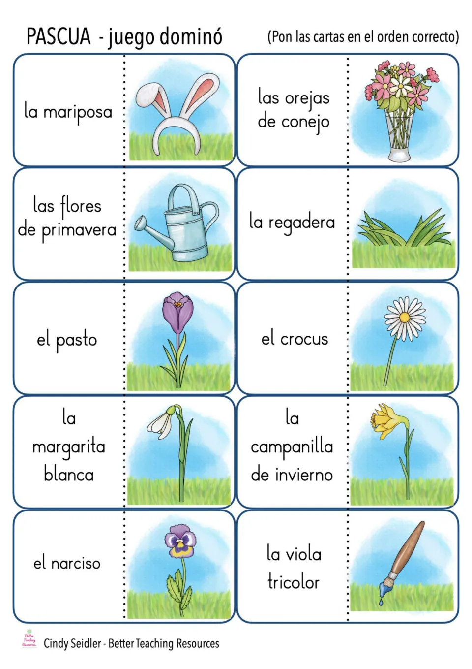 Spanish domino cards 21–30: la mariposa (butterfly), la regadera (watering can), el pasto (grass) and more