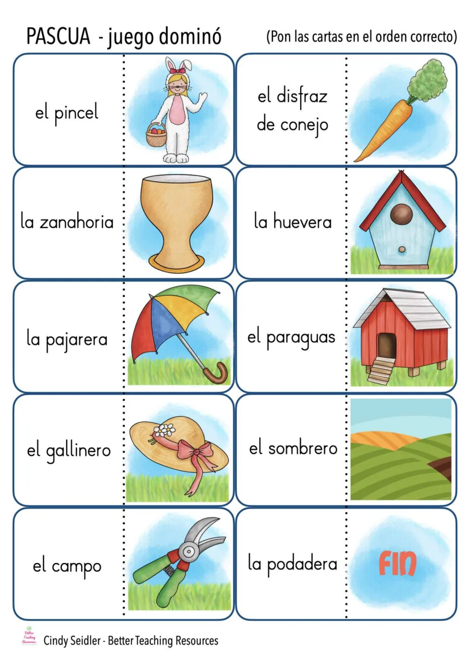 Spanish domino cards 31–40: el pincel (paintbrush), la zanahoria (carrot), el paraguas (umbrella) and fin (end)