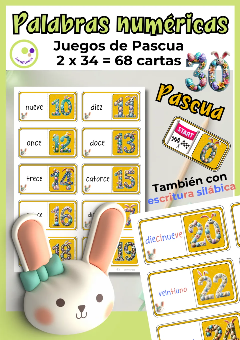 Cover of the Spanish Easter number domino game advertising 68 cards and a version with color-coded syllables