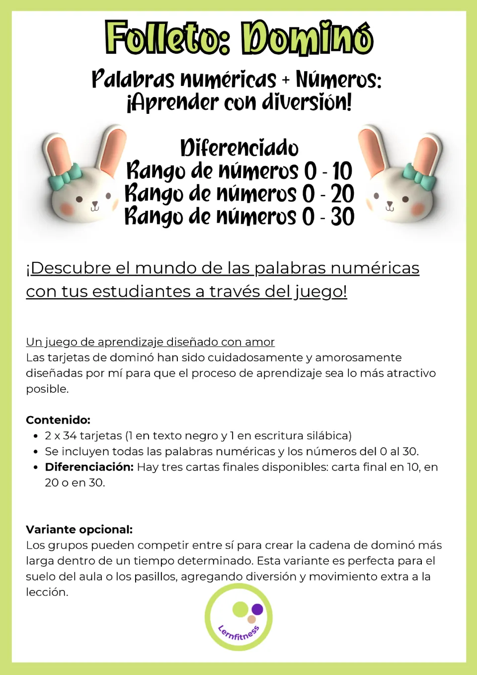 Domino game overview listing two sets of 34 cards, number ranges 0–10, 0–20, and 0–30, and a group challenge