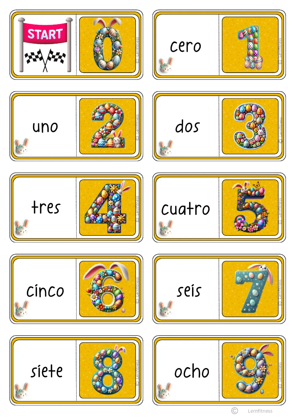 Black-text Spanish domino cards 1–10: START with 0, then cero (zero) through ocho (eight) paired with 1–9