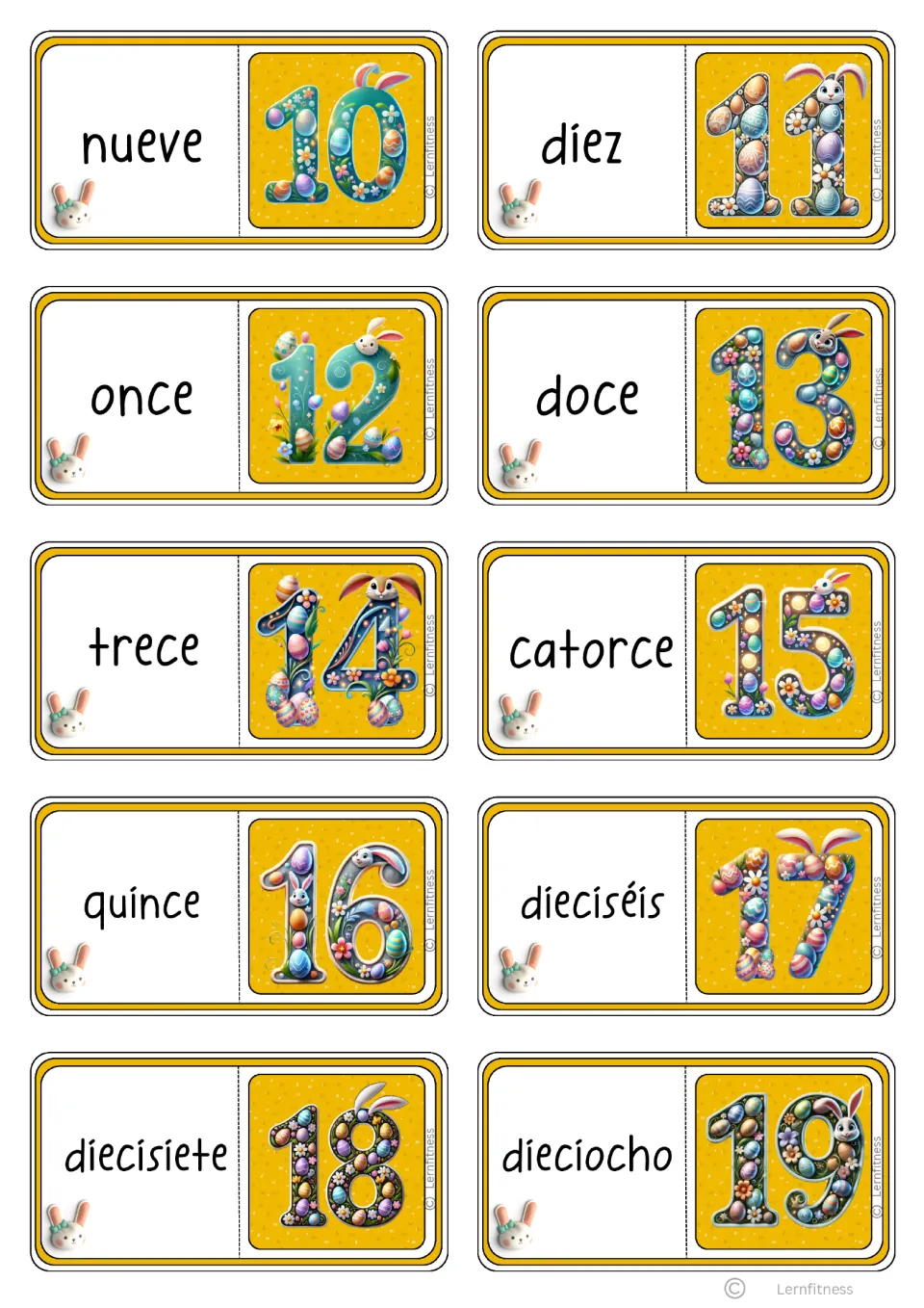 Black-text Spanish domino cards 11–20: nueve (nine) through dieciocho (eighteen), paired with numerals 10–19