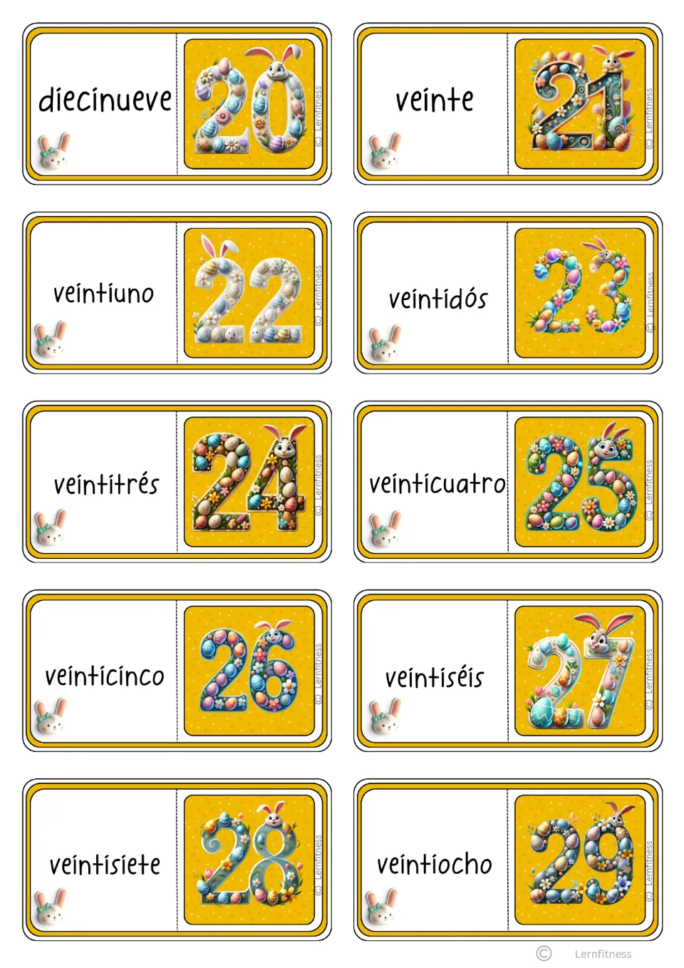 Black-text Spanish domino cards 21–30: diecinueve (nineteen) through veintiocho (twenty-eight), paired with 20–29