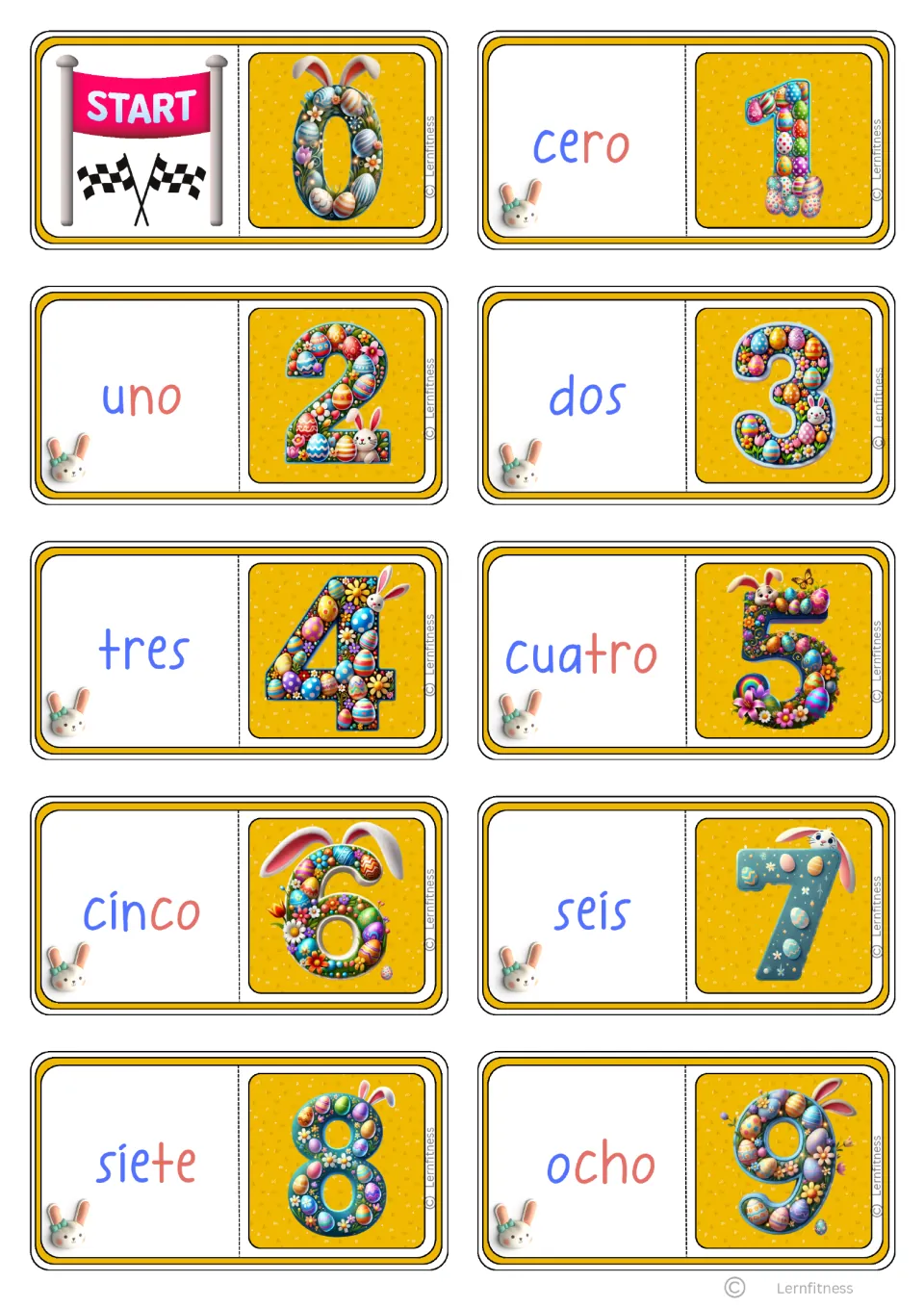 Syllable-colored Spanish domino cards 1–10: START with 0, then cero (zero) through ocho (eight) paired with 1–9