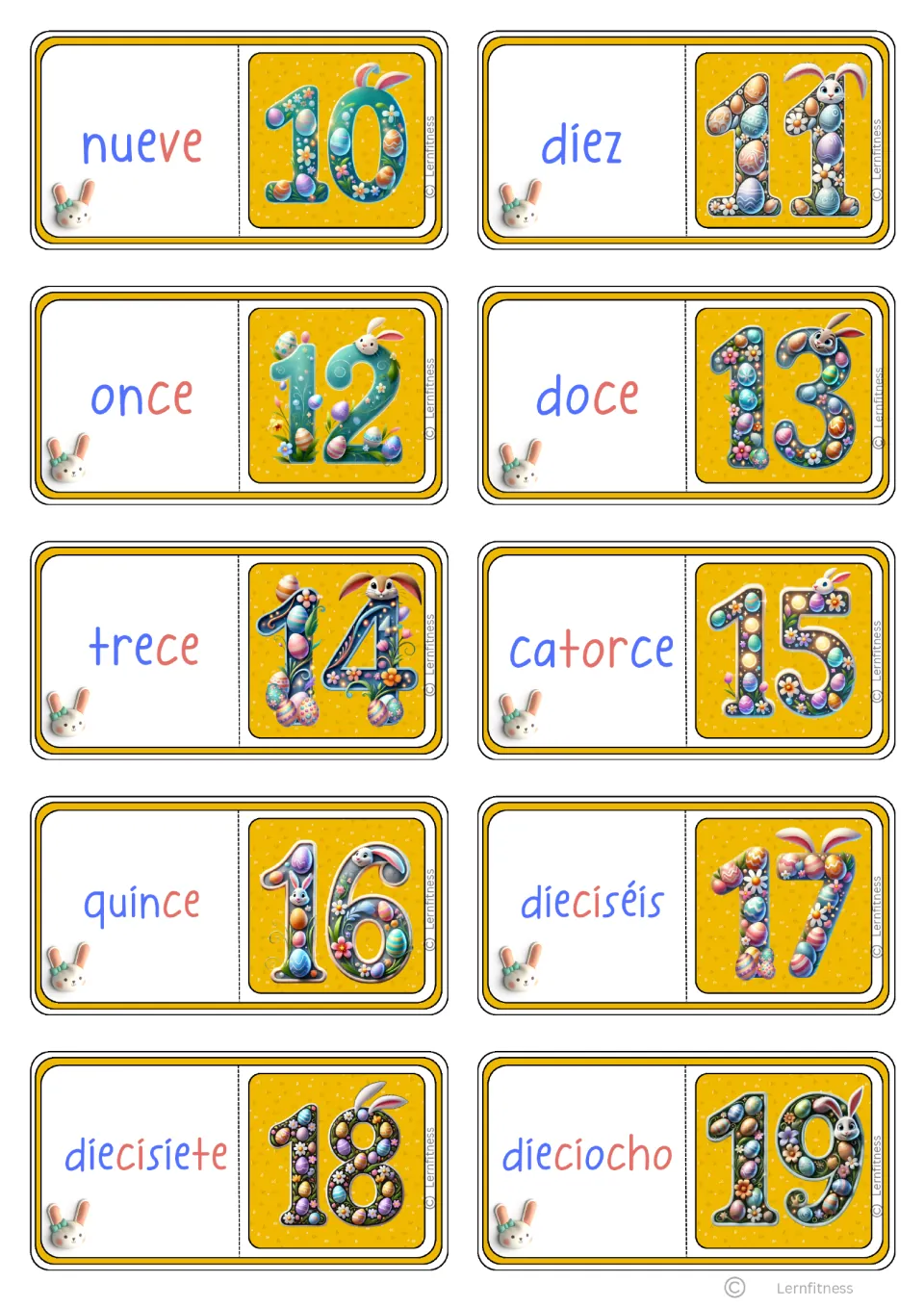Syllable-colored Spanish domino cards 11–20: nueve (nine) through dieciocho (eighteen), paired with 10–19