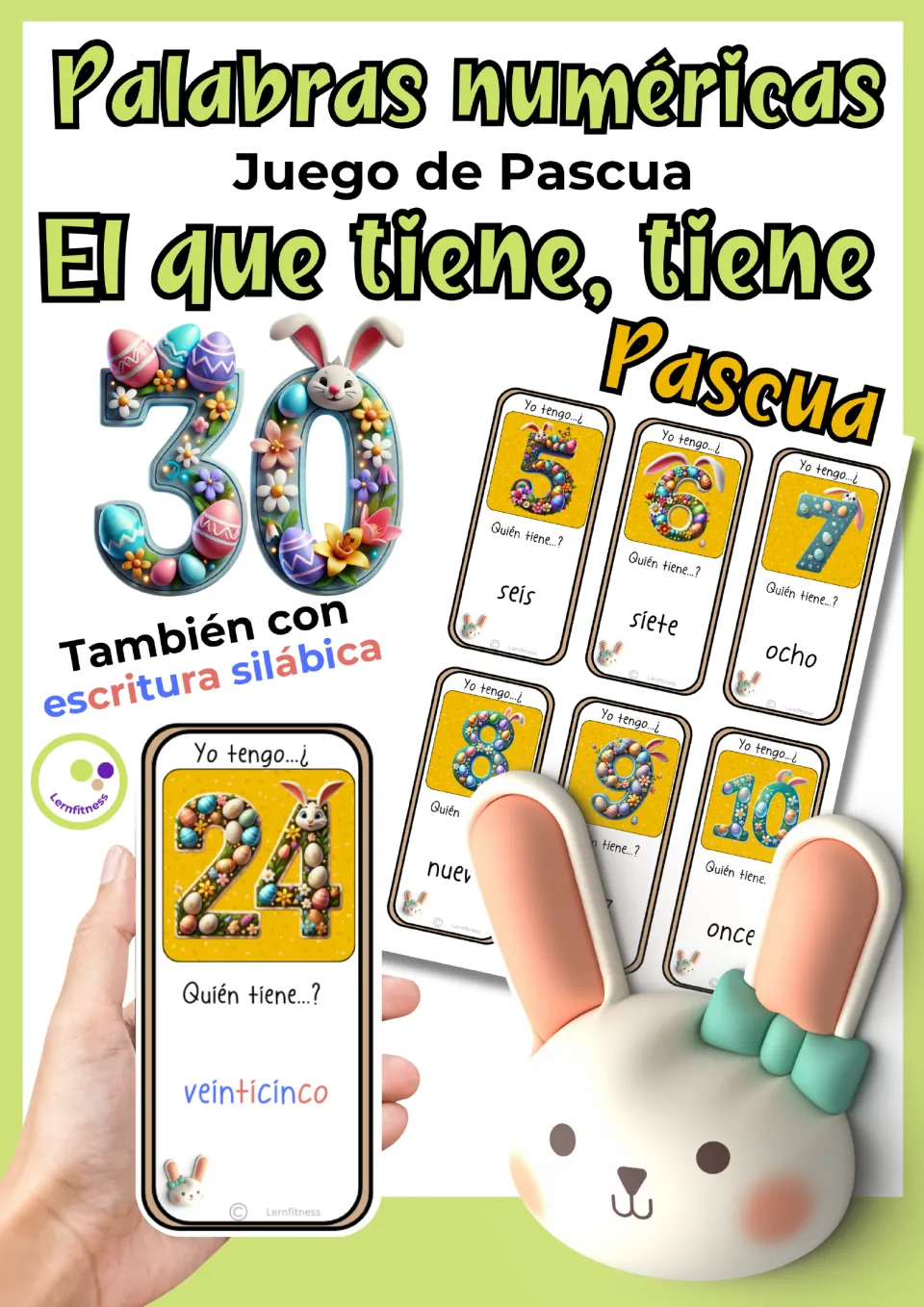 Cover of the Spanish Easter number game, showing sample cards and an option with color-coded syllables