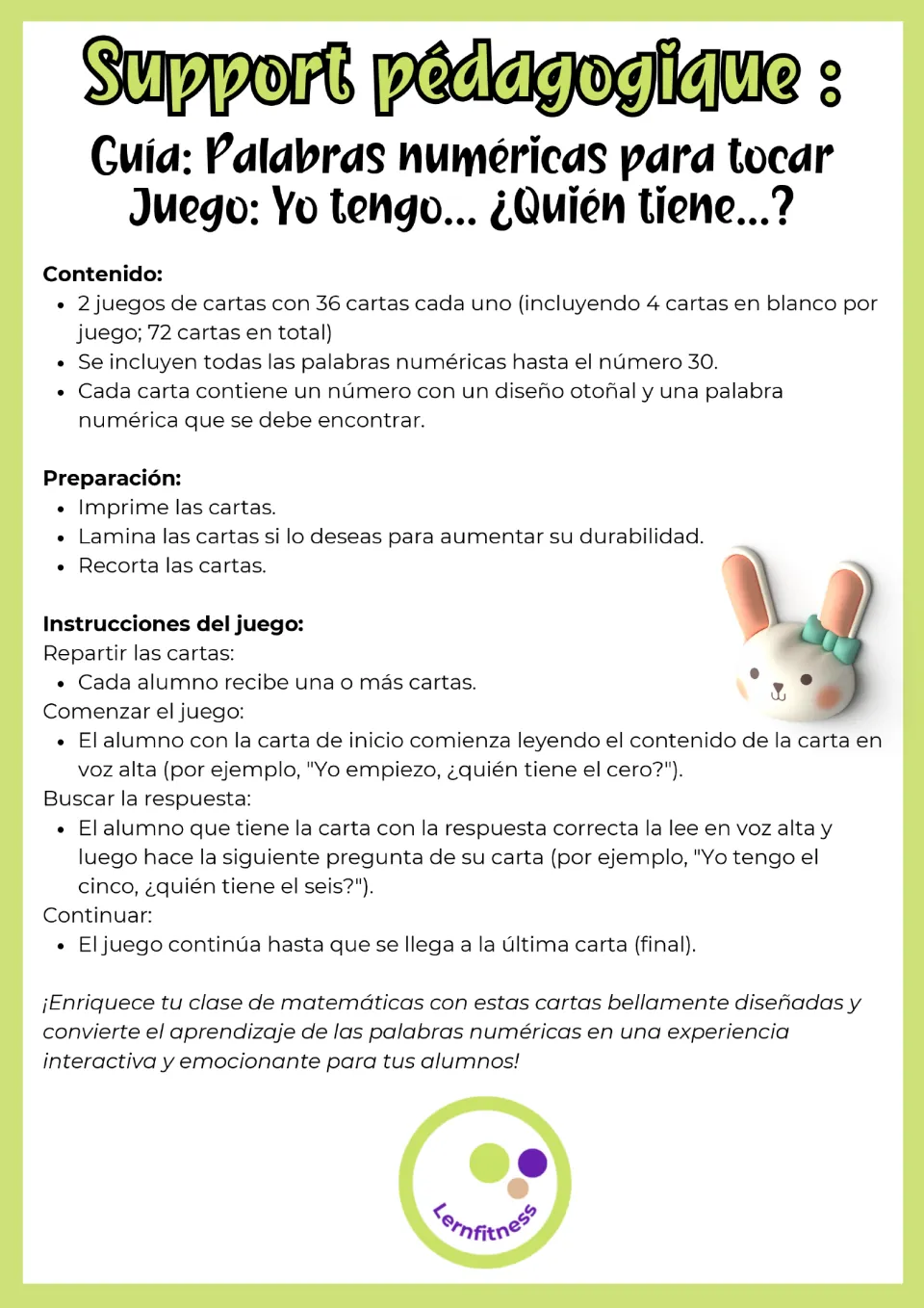 Spanish number game guide lists two 36-card sets and explains printing, cutting, dealing, and reading aloud