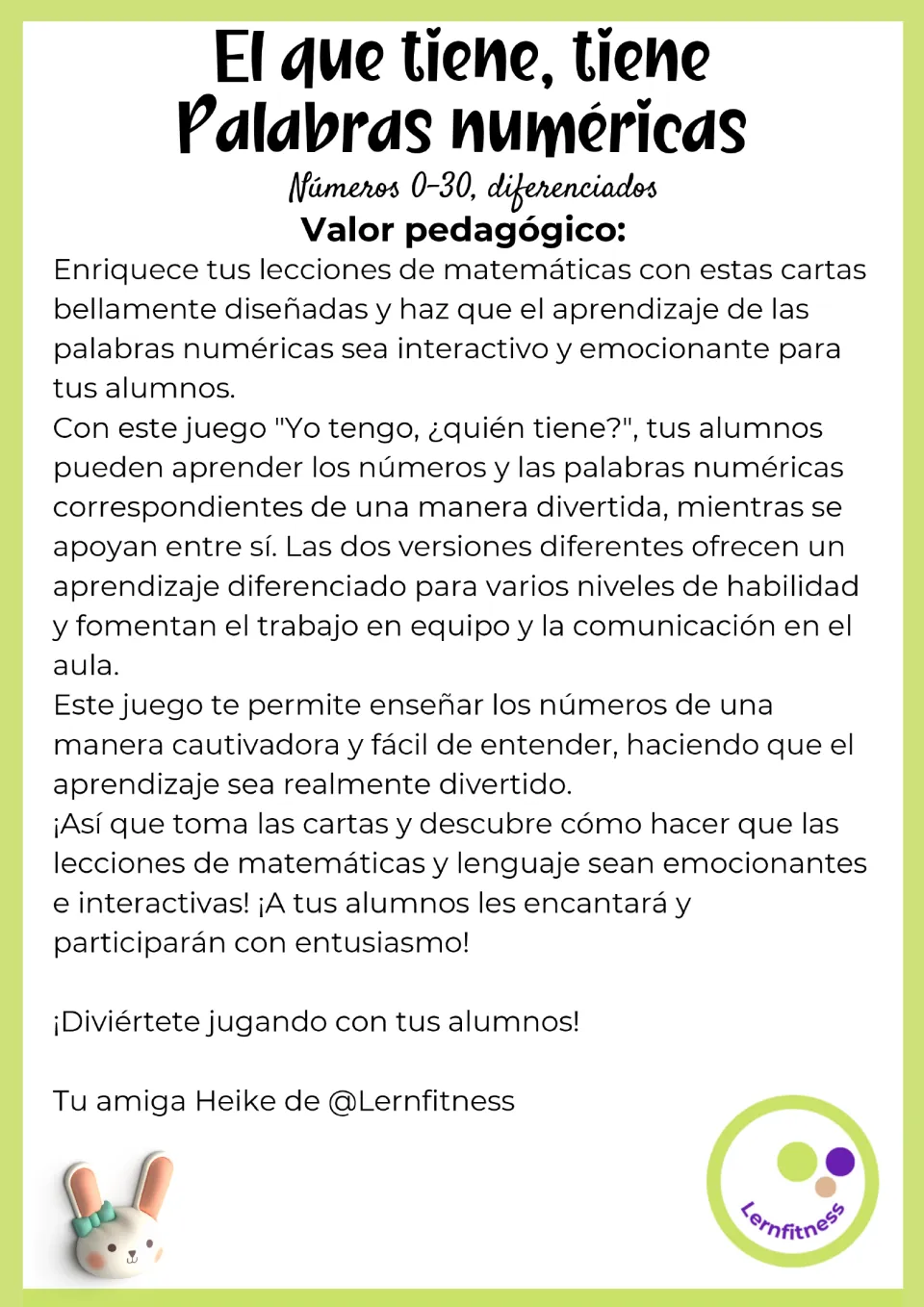 Teaching notes for the Spanish 0–30 number game explain matching numbers to words and using two versions