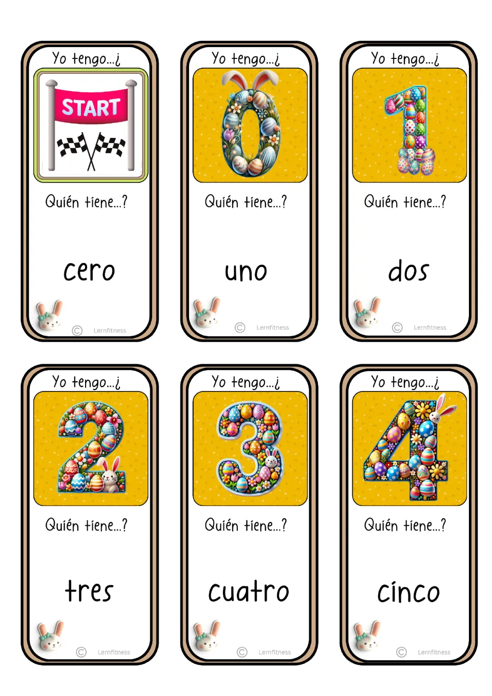 Spanish game cards: Start and numerals 0–4, asking for cero (zero), uno (one), dos (two), and three more