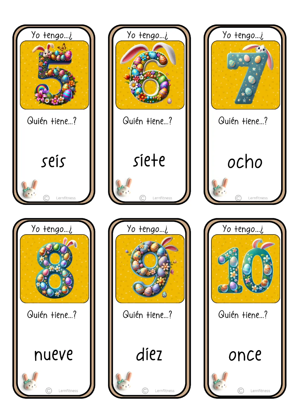 Spanish game cards for numerals 5–10 ask for seis (six), siete (seven), ocho (eight), and three more numbers