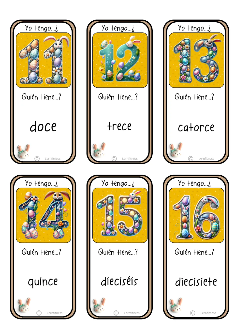 Spanish game cards for numerals 11–16 ask for doce (twelve), trece (thirteen), and four more number words