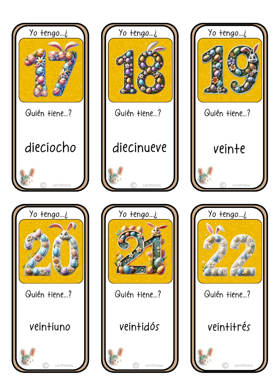 Spanish game cards for numerals 17–22 ask for dieciocho (eighteen), diecinueve (nineteen), and four more