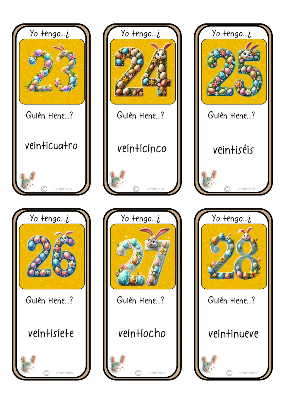 Spanish game cards for numerals 23–28 ask for number words from veinticuatro (twenty-four) to veintinueve