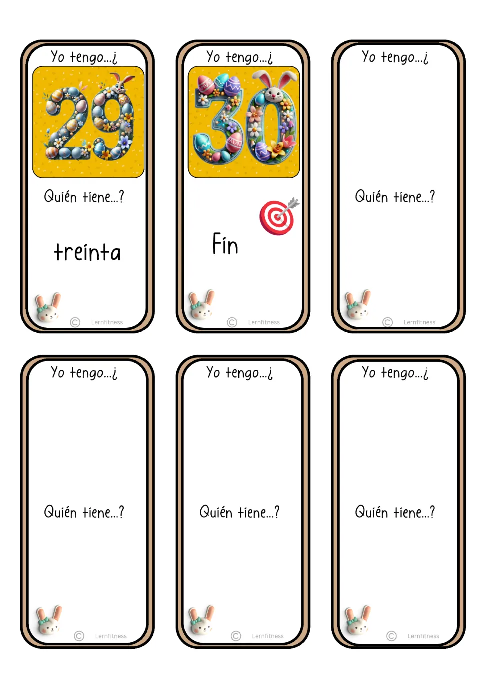 Final Spanish game sheet: 29 asks for treinta (thirty), 30 marks Fin (end), and four cards are blank