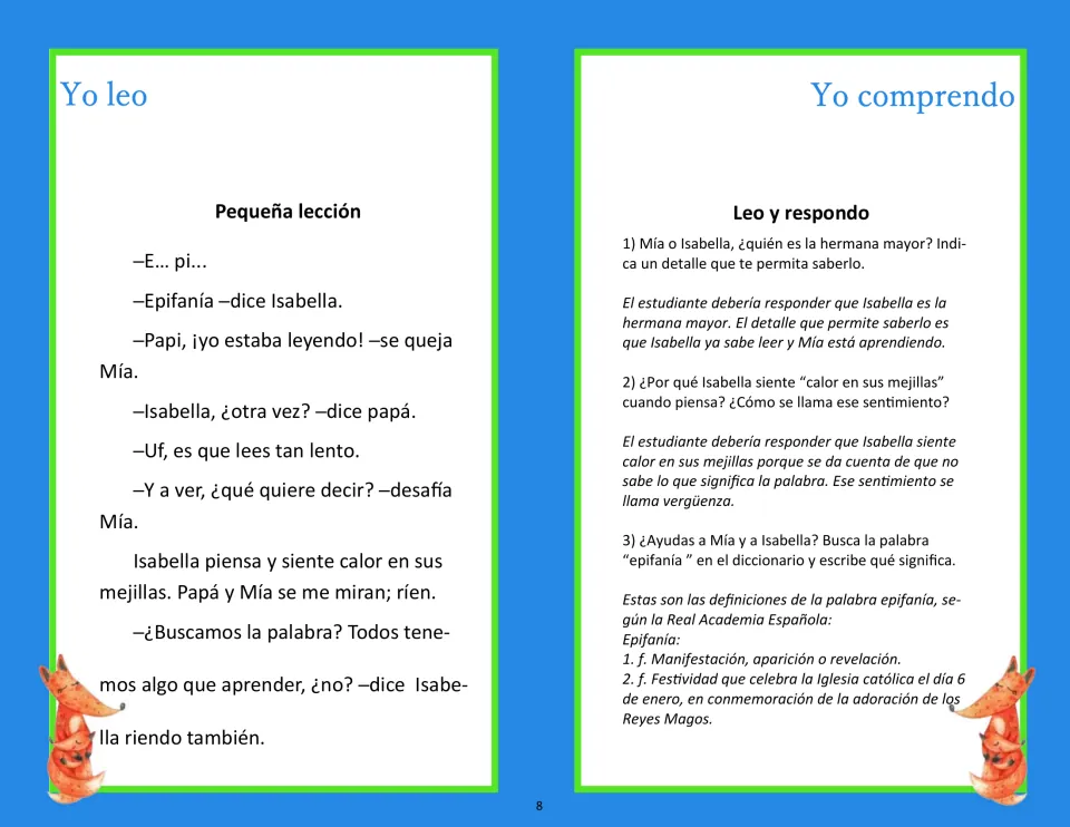 Reading comprehension in Spanish: students read a dialogue about Isabella and Mía and answer three questions