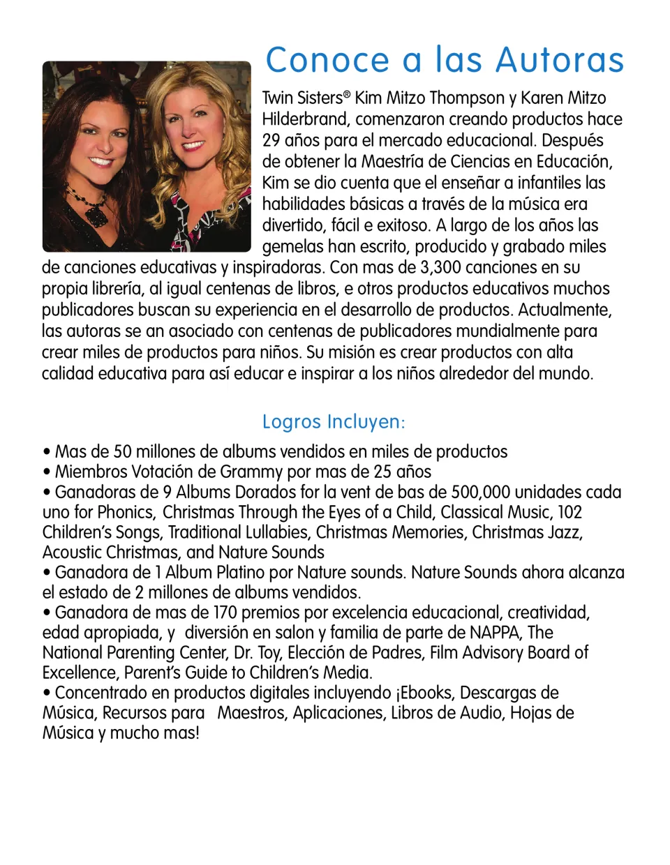 'Conoce a las Autoras' (Meet the Authors): Spanish bio of Kim Mitzo Thompson and Karen Mitzo Hilderbrand
