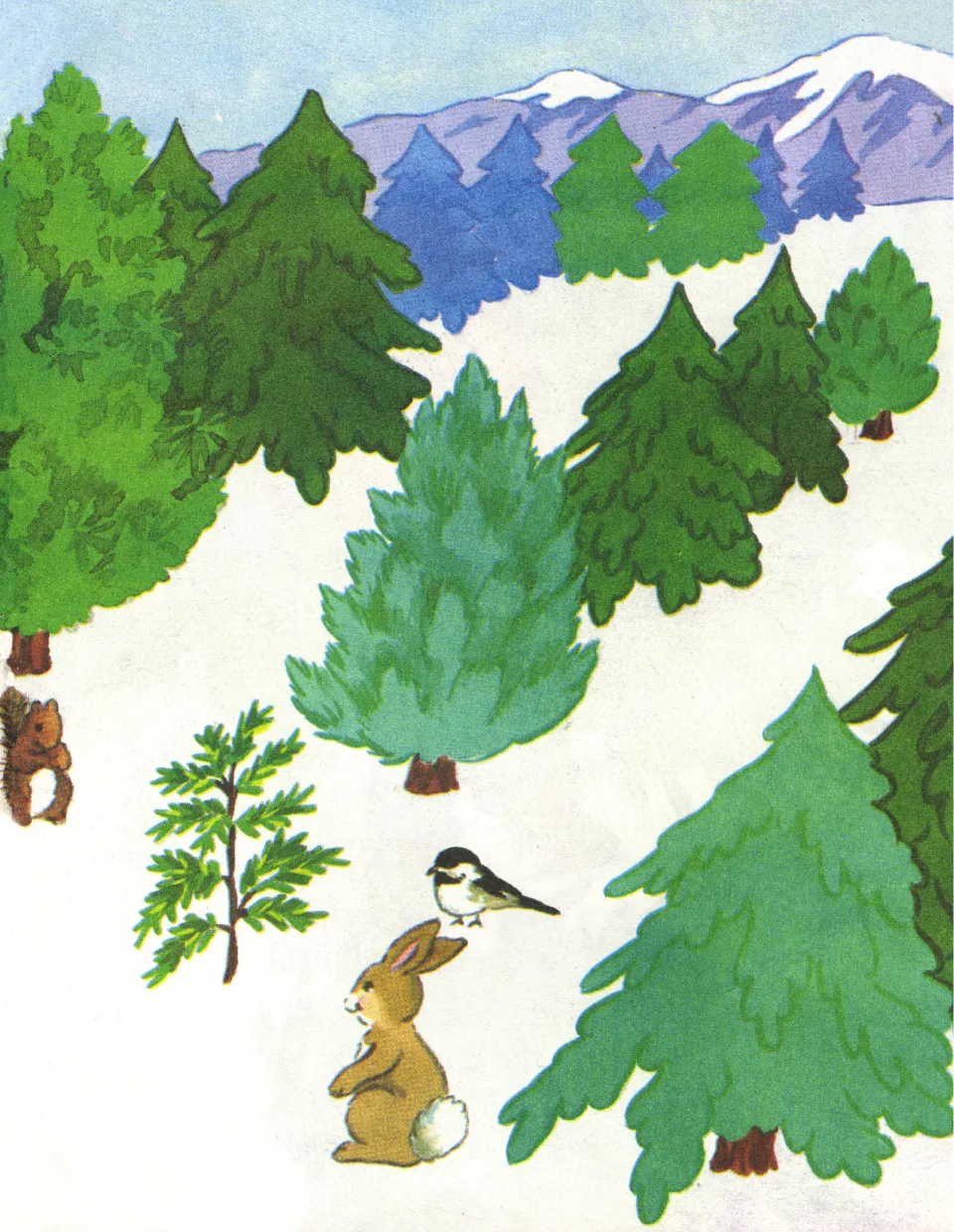 Wordless story illustration: the little fir tree among tall snowy trees, with a rabbit, a chickadee and a squirrel