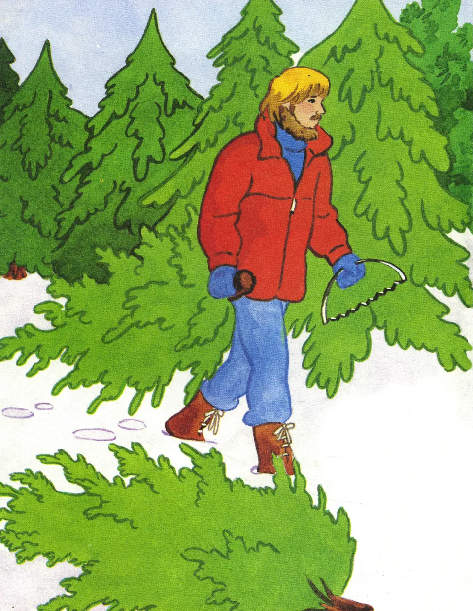 Picture-only page: a man in a red jacket carries a saw past fir trees on the Christmas tree farm