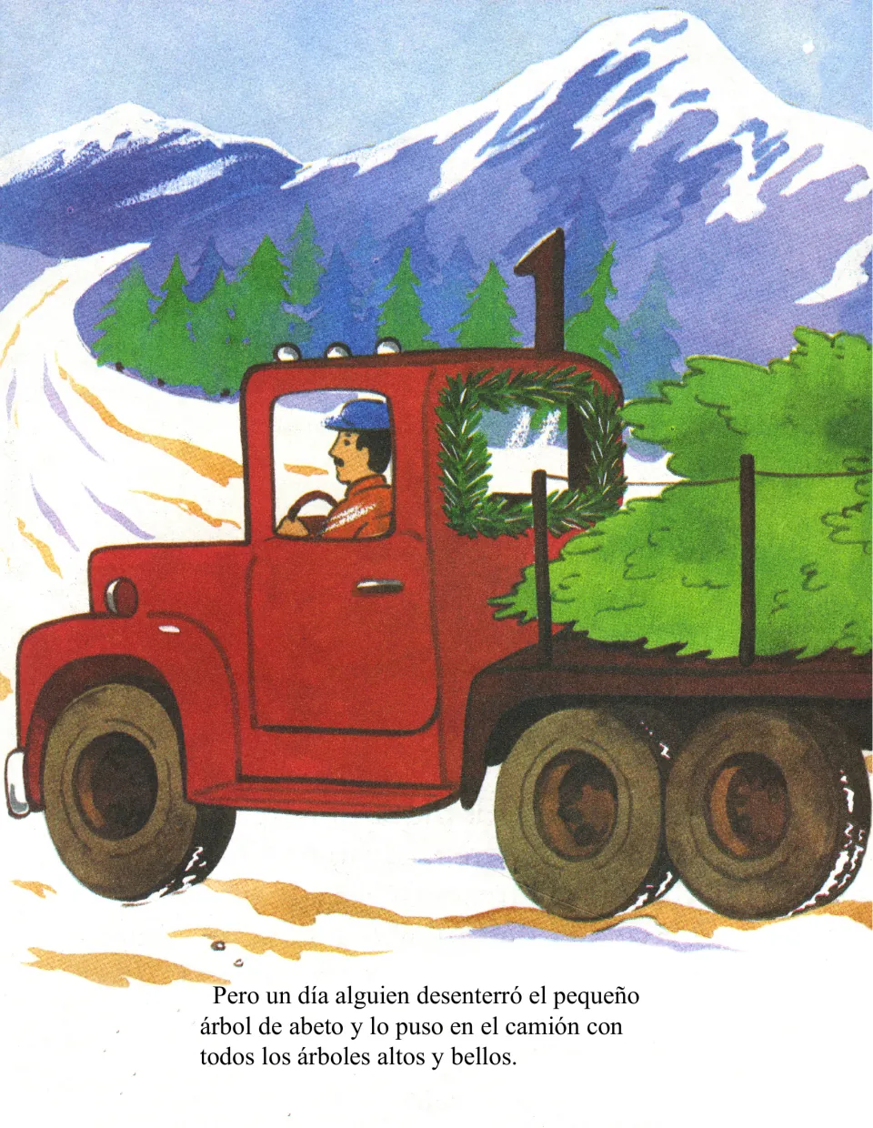 Someone digs up the little fir and loads it onto a red truck: 'lo puso en el camión' (put it on the truck)