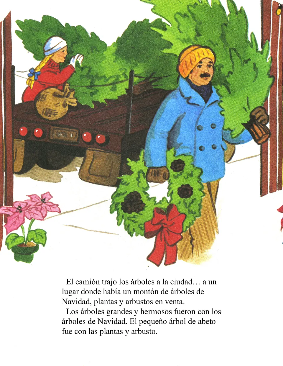 At the city tree lot, the little fir is set 'con las plantas y arbusto' (with the plants and shrubs)
