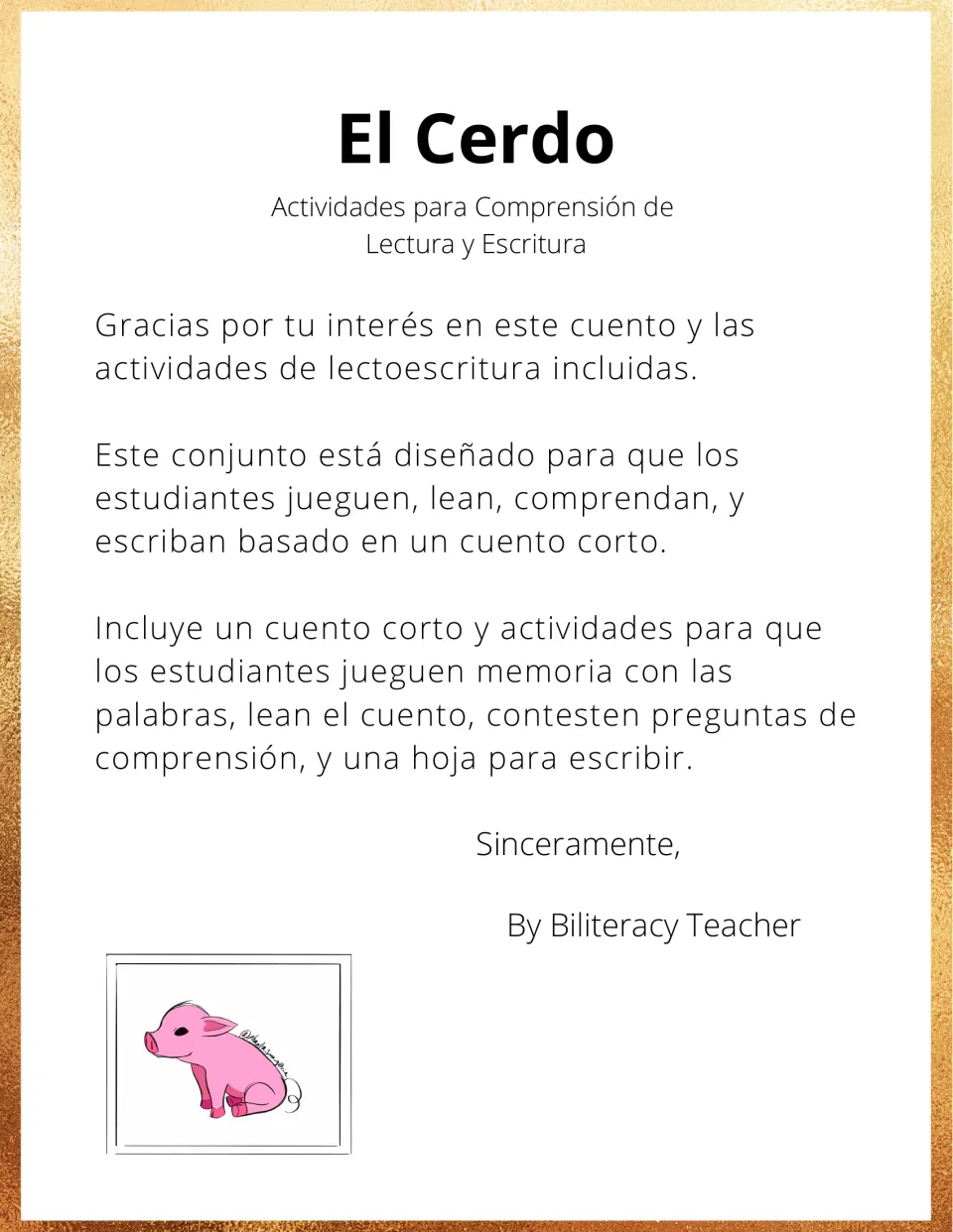 Introduction to the Spanish pig packet describing a short story, word memory game, questions, and writing