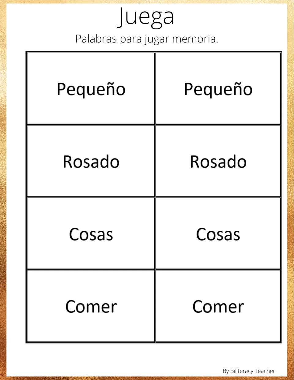 Spanish memory cards 1–8: paired words pequeño (small), rosado (pink), cosas (things), and comer (to eat)