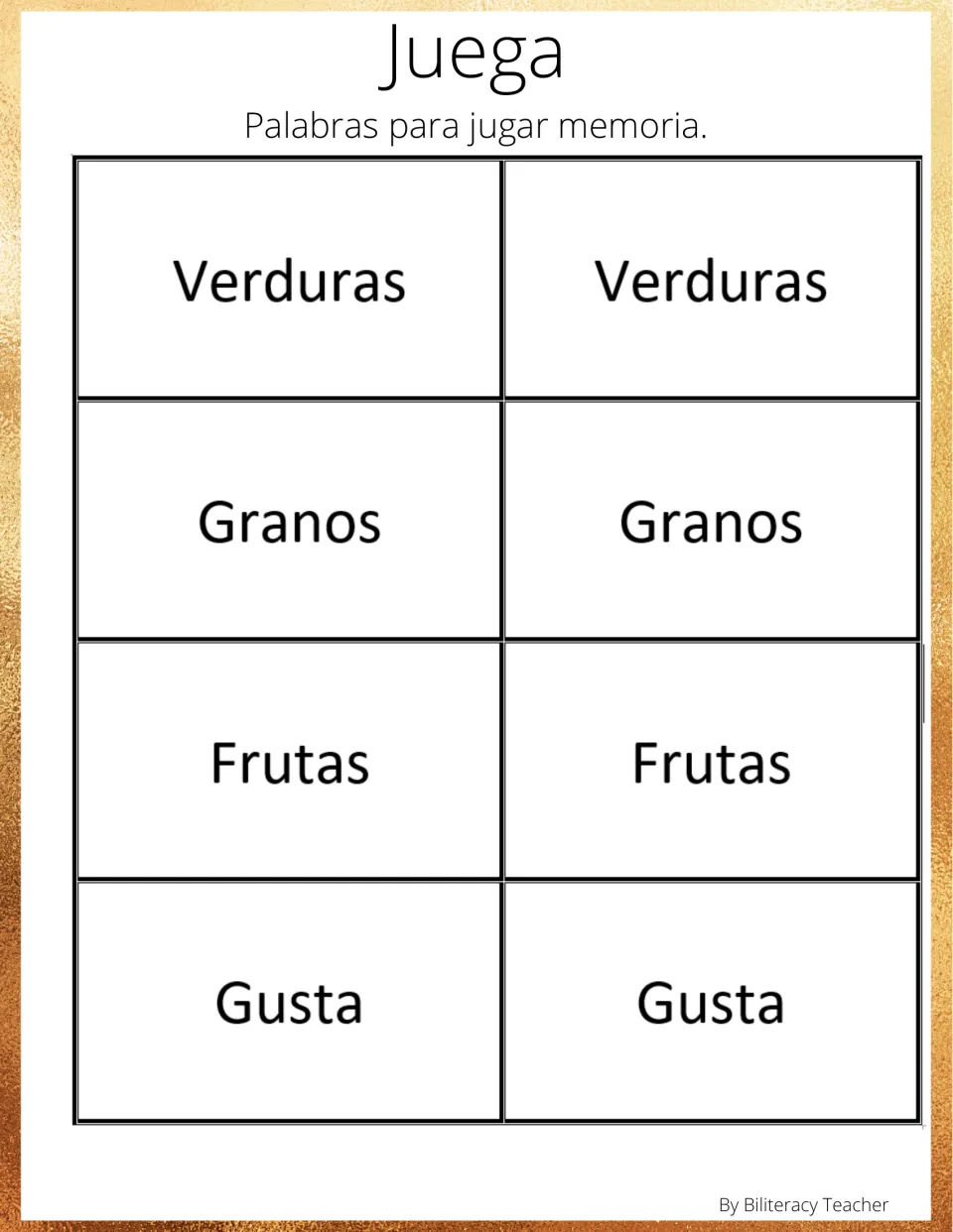 Spanish memory cards 9–16: paired words verduras (vegetables), granos (grains), frutas (fruits), and gusta (likes)