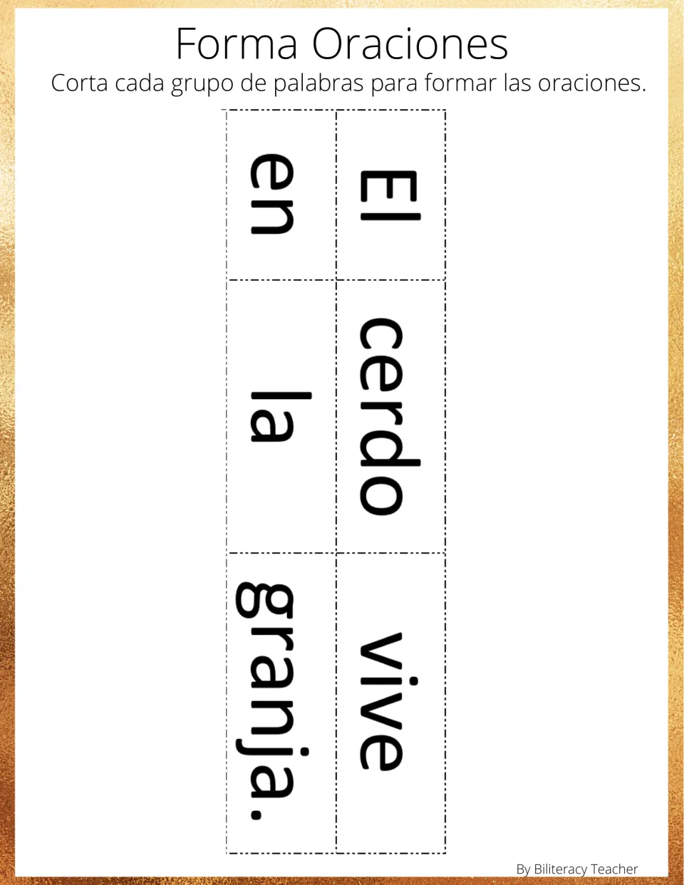 Spanish sentence-building activity: cut out six words to form 'El cerdo vive en la granja' (The pig lives on the farm)