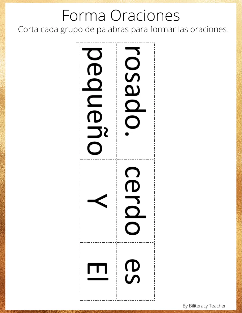 Spanish sentence-building activity: six words form 'El cerdo es pequeño y rosado' (The pig is small and pink)