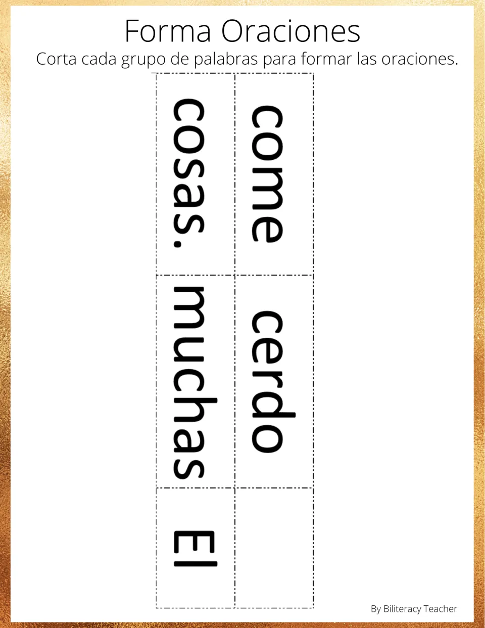 Spanish sentence-building activity: five word cutouts form 'El cerdo come muchas cosas' (The pig eats many things)