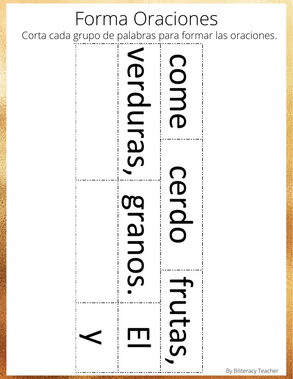 Spanish sentence-building activity: seven word cutouts form a sentence about the pig eating fruits, vegetables, and grains