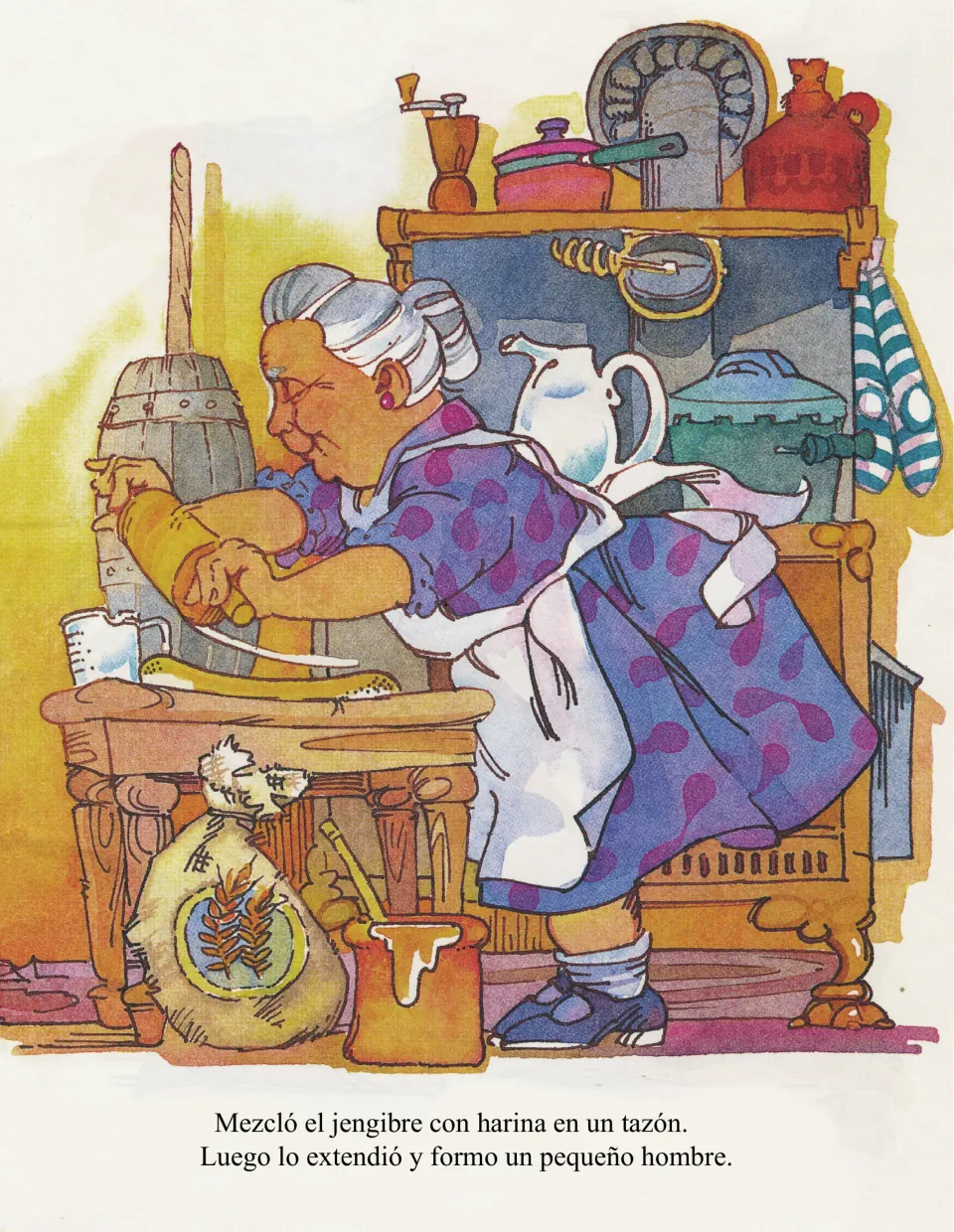 'Mezcló el jengibre con harina en un tazón' (she mixed ginger and flour in a bowl); the old woman rolls the dough