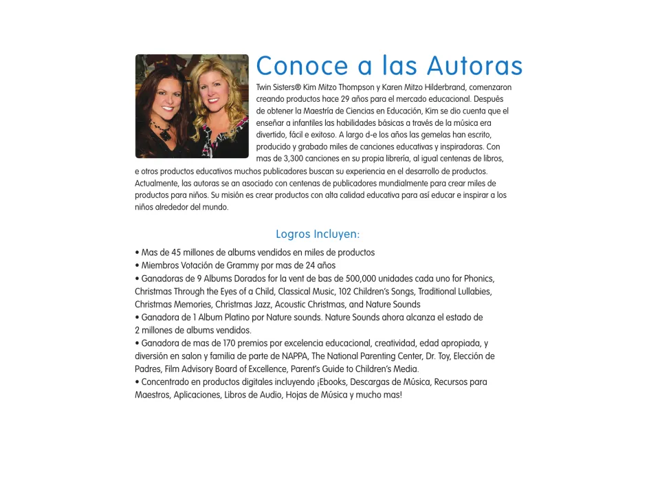 'Conoce a las Autoras' (Meet the Authors): photo and bio of Kim Mitzo Thompson and Karen Mitzo Hilderbrand
