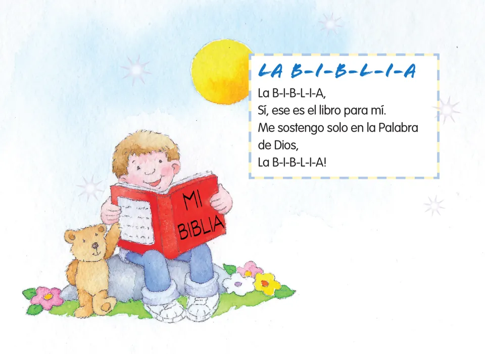 Lyrics to 'La B-I-B-L-I-A' (The B-I-B-L-E) beside a boy reading a red book labeled 'Mi Biblia' (My Bible)