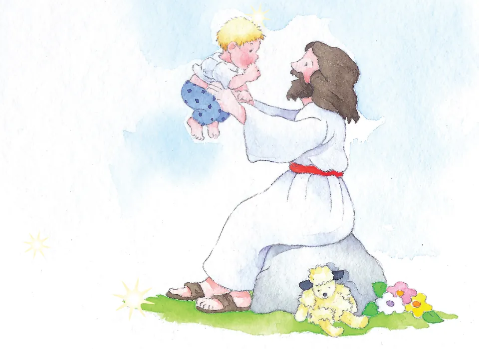 Illustrated eBook page with no text: Jesus seated on a rock lifting up a small child, a toy lamb at his feet