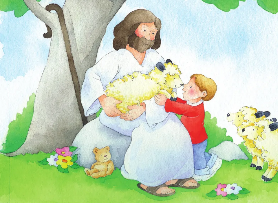 Wordless eBook illustration: Jesus under a tree holding a lamb as a boy in a red shirt hugs it, with sheep nearby