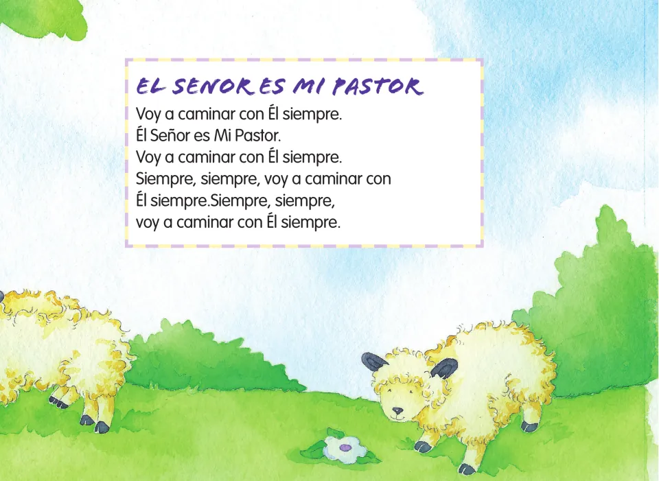 Lyrics to the title song: 'Voy a caminar con Él siempre' (I will walk with Him always), over sheep in a meadow